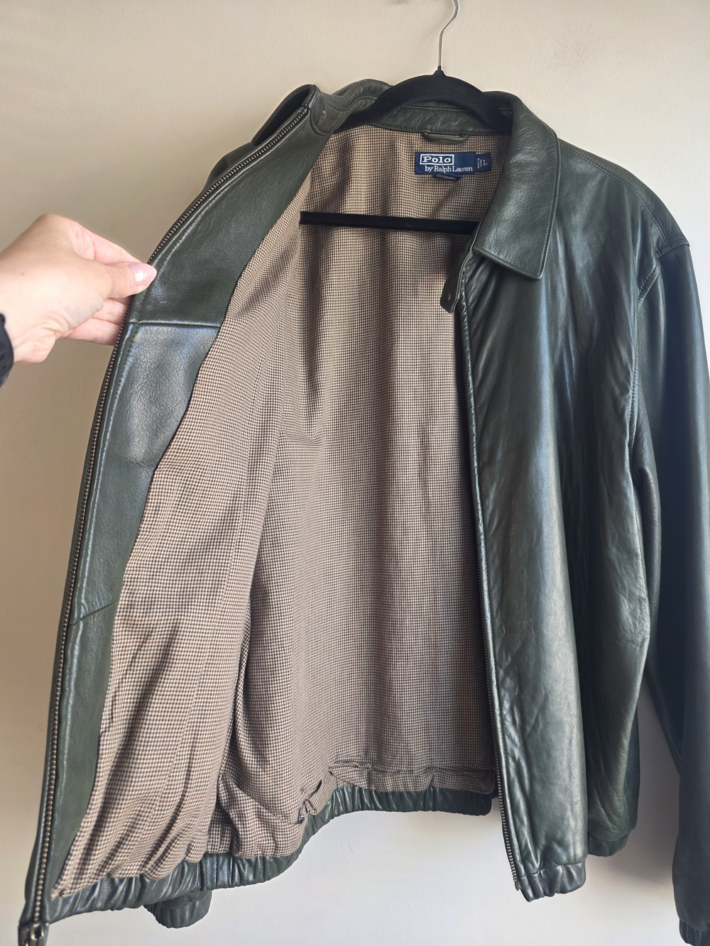 VTG Polo Ralph Lauren Olive Leather Bomber Jacket - Premium Leather - Picture 16 of 17